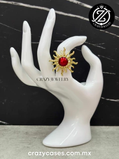 Anillo acero dorado ajustable - Sol rojo